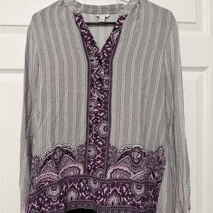 Elegant Paisley and Stripe Blouse in Gray and Purple
